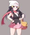  1girl absurdres alternate_breast_size asage_(asgsn) bag black_shirt blue_eyes blue_hair breasts dawn_(pokemon) hat highres long_hair medium_breasts miniskirt pink_skirt pokemon pokemon_(game) pokemon_dppt scarf shirt sidelocks skirt sleeveless smile solo 