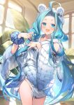  1girl :d ahoge animal_ears animal_hat bangs blue_eyes blue_hair blue_scrunchie commentary_request fake_animal_ears forehead granblue_fantasy hat indoors japanese_clothes kimono long_hair long_sleeves looking_at_viewer lyria_(granblue_fantasy) open_mouth parted_bangs plant potted_plant scrunchie shinia smile solo standing sunlight very_long_hair white_headwear white_kimono wide_sleeves window wrist_scrunchie 