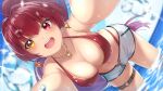  1girl bent_over bikini breasts cleavage dolphin_shorts dutch_angle earrings enatsu heterochromia high_ponytail hololive houshou_marine in_water jewelry large_breasts long_hair necklace no_shirt open_mouth partially_submerged ponytail red_hair shorts smile solo swimsuit thigh_strap virtual_youtuber 