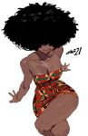  1girl absurdres afro bare_arms bare_shoulders big_hair black_hair bracelet breasts cleavage crossed_legs dark-skinned_female dark_skin dress hair_over_eyes highres jewelry medium_breasts no_eyes open_mouth original signature simple_background sitting solo strapless strapless_dress thighs tube_dress very_dark_skin viv_(whoopsatro) watermark white_background whoopsatro wide_hips 