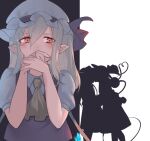  3girls around_corner ascot bangs black_background blonde_hair commentary_request covering_mouth crying crystal dress fairy_maid_(touhou) flandre_scarlet hair_between_eyes hand_over_own_mouth hands_up hat hat_ribbon kiss komeiji_koishi light long_hair looking_to_the_side maid_headdress medium_hair mob_cap multiple_girls pointy_ears puffy_short_sleeves puffy_sleeves red_dress red_eyes red_ribbon ribbon sad shadow shirt short_sleeves silhouette soku_(bluerule-graypray) solo_focus tearing_up tears third_eye touhou wall white_background white_headwear white_shirt wings yellow_neckwear yuri 