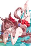  1girl ahoge air_mattress animal_ears bangs bare_arms bare_legs bare_shoulders barefoot bikini bikini_skirt blush bow breasts brown_hair cleavage daiwa_scarlet_(umamusume) eyebrows_visible_through_hair feet feet_up full_body hair_bow hair_intakes hands_on_own_face highres horse_ears horse_girl horse_tail long_hair looking_at_viewer low_twintails lying medium_breasts misu_kasumi official_alternate_costume on_stomach open_mouth red_bikini red_bow red_eyes simple_background solo swimsuit tail twintails umamusume v-shaped_eyebrows white_background 