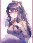  1girl aicedrop bangs black_bow bow doki_doki_literature_club eyebrows_visible_through_hair hair_between_eyes hair_bow hair_ornament hairclip long_hair looking_at_viewer open_mouth purple_eyes purple_hair school_uniform simple_background smile solo very_long_hair yuri_(doki_doki_literature_club) 