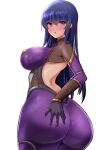  1girl akiyama_rinko ass ass_grab bangs blue_hair blush bodysuit embarrassed eyebrows_visible_through_hair fishnets grabbing_own_ass highres kihou_no_gotoku_dmc long_hair looking_back purple_bodysuit purple_eyes see-through simple_background skindentation solo taimanin_(series) taimanin_rpgx taimanin_suit taimanin_yukikaze very_long_hair white_background 