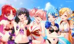  5girls absurdres akemi_homura bikini black_bikini black_hair blonde_hair blue_hair blush breasts cleavage closed_eyes drill_hair earrings facing_another flower grin hair_flower hair_ornament highres jewelry kaname_madoka large_breasts long_hair magia_record:_mahou_shoujo_madoka_magica_gaiden mahou_shoujo_madoka_magica medium_breasts medium_hair miki_sayaka misteor multiple_girls navel open_mouth parted_lips pink_hair ponytail purple_eyes red_hair sakura_kyouko short_hair short_twintails side_drill smile swimsuit tomoe_mami twintails twitter_username upper_teeth 