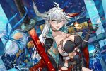  1girl absurdres air_bubble armor asymmetrical_horns azur_lane black_choker black_coat black_gloves blue_flower breasts bubble choker cleavage coat cup dress earrings elbow_gloves flower gloves hakuryuu_(azur_lane) highres holding holding_cup holding_sword holding_weapon horns japanese_armor jewelry large_breasts long_hair ootachi open_clothes open_coat open_mouth petals pleated_dress sabou_san-shitsu_kokoro sheath side_slit solo suneate sword underwater weapon white_eyes white_hair 