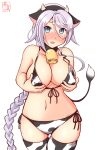  1girl alternate_costume animal_ears animal_print artist_logo bell bikini blue_eyes blush braid breasts cleavage collarbone cow_ears cow_horns cow_print cowbell dated eyebrows_visible_through_hair fake_horns hair_flaps highres horns kanon_(kurogane_knights) kantai_collection large_breasts long_hair looking_at_viewer mole mole_under_eye navel neck_bell one-hour_drawing_challenge open_mouth print_bikini print_legwear silver_hair simple_background single_braid smile solo swimsuit thighhighs umikaze_(kancolle) very_long_hair white_background 