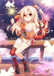  1girl :3 alternate_costume asymmetrical_legwear bandaged_arm bandaged_leg bandages bangs binato_lulu blonde_hair blurry cherry_blossoms choker choujigen_game_neptune commentary cosplay depth_of_field dual_wielding english_commentary eyebrows_visible_through_hair fireworks genshin_impact geta hair_between_eyes hair_ornament highres holding if_(neptune_series) japanese_clothes long_hair long_sleeves looking_at_viewer mismatched_legwear neptune_(series) night night_sky obi one_side_up petals pouch red_eyes rope sarashi sash shimenawa sidelocks signature sitting_on_fence sky smile solo sparkler tabi ueda_kana v-shaped_eyebrows voice_actor_connection wide_sleeves yoimiya_(genshin_impact) yoimiya_(genshin_impact)_(cosplay) 