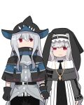  2girls arknights ascot belt black_capelet black_dress black_gloves black_headwear capelet commentary_request dress eyebrows_visible_through_hair gloves grey_neckwear grey_shirt habit hair_between_eyes hat holding_hands jewelry kumamoto_aichi long_hair multiple_girls necklace nun red_eyes shirt silver_hair simple_background skadi_(arknights) smile specter_(arknights) upper_body white_background 