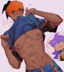  2boys ^^^ abs bare_pectorals black_hair blue_shirt blue_shorts blush chariko clothes_lift commentary dark-skinned_male dark_skin earrings english_text grey_background heart jewelry leon_(pokemon) lifted_by_self male_focus mouth_hold multiple_boys navel navel_piercing nipple_piercing nipples orange_headband pectorals piercing pokemon pokemon_(game) pokemon_swsh pubic_hair pubic_hair_peek raihan_(pokemon) shirt shirt_in_mouth shirt_lift short_hair short_sleeves shorts toned undercut underpec yaoi 