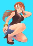  1girl bangs blue_background bracelet breasts brown_footwear brown_shirt cleavage commentary_request elite_four floating_hair glasses hand_up high_heels highres holding holding_poke_ball jewelry kikuyoshi_(tracco) long_hair looking_at_viewer lorelei_(pokemon) orange_eyes orange_hair poke_ball poke_ball_(basic) pokemon pokemon_(game) pokemon_frlg ponytail popped_collar purple_skirt shirt side_slit sidelocks signature simple_background skirt sleeveless sleeveless_shirt solo squatting 