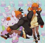  1boy animal_ears black_footwear black_legwear blush chariko closed_eyes closed_mouth commentary earrings goomy half-closed_eyes hood hood_down hoodie jewelry long_sleeves male_focus oversized_clothes pokemon pokemon_(creature) pokemon_(game) pokemon_swsh raihan_(pokemon) shoes shorts sitting sleeping sleeves_past_fingers sleeves_past_wrists smile socks tail younger zzz 