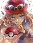  1girl blonde_hair blue_eyes blurry closed_mouth collared_shirt commentary eyelashes eyewear_on_headwear floating_hair hat holding holding_poke_ball looking_at_viewer nail_polish pink_nails poke_ball poke_ball_(basic) pokemon pokemon_(game) pokemon_xy red_headwear serena_(pokemon) shirt sleeveless sleeveless_shirt solo sunglasses upper_body white-framed_eyewear yomogi_(black-elf) 