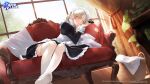  anthropomorphism azur_lane braids couch gray_hair headband logo maid nima_(niru54) sheffield_(azur_lane) thighhighs wink yellow_eyes 