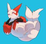  blue_background claws closed_mouth commentary_request full_body gen_3_pokemon highres kikuyoshi_(tracco) looking_at_viewer no_humans pink_eyes pokemon pokemon_(creature) signature smile solo white_fur zangoose 