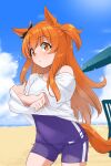  1girl animal_ears bangs beach beach_chair beach_umbrella black_ribbon blue_swimsuit clothes_lift competition_school_swimsuit ear_bow eyebrows_visible_through_hair highres horse_ears horse_girl horse_tail lifted_by_self long_hair looking_at_viewer mayano_top_gun_(umamusume) ocean orange_eyes orange_hair outdoors ribbon sand shirt_lift solo swimsuit swimsuit_under_clothes tail two_side_up umamusume umbrella yuuichi_(reductionblack) 