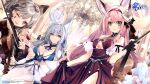  animal_ears anthropomorphism azur_lane blue_eyes breast_hold breasts brown_eyes cleavage dress foxgirl gloves gray_hair green_eyes hanazuki_(azur_lane) headband instrument logo long_hair pink_hair shinano_(azur_lane) shirokitsune suzutsuki_(azur_lane) violin wink 