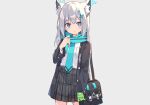  animal_ears aqua_eyes blue_archive foxgirl gloves gray_hair halo long_hair scarf school_uniform skirt sunaookami_shiroko tie zoirun 