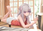  ass barefoot breasts cleavage drink emilia_(re:zero) gray_hair long_hair luts re:zero_kara_hajimeru_isekai_seikatsu shorts 