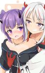  2girls arknights bangs bare_shoulders black_shirt blush breast_grab chinese_commentary clenched_teeth commentary_request eyebrows_visible_through_hair grabbing gu_yue_wu_ying highres horns jewelry lava_(arknights) looking_at_another multicolored_hair multiple_girls necklace nian_(arknights) nose_blush off-shoulder_shirt off_shoulder open_mouth purple_eyes purple_hair red_hair shirt short_hair short_sleeves silver_hair streaked_hair teeth upper_body yuri 