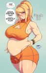  1girl belly_grab big_belly bike_shorts blue_eyes blush breasts cleavage cleavage_cutout clothing_cutout coffeeslice covered_nipples english_commentary english_text hair_tie highres large_breasts long_hair looking_at_viewer love_handles metroid mole mole_under_mouth muscular muscular_female navel nose_blush orange_shorts orange_sports_bra ponytail pregnant samus_aran shorts solo speech_bubble sports_bra taut_clothes thick_thighs thighs weight_conscious wristband 