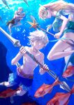  1girl 2boys alternate_costume anachronism ashe_ubert belt bikini blonde_hair blue_hair bubble caspar_von_bergliez fire_emblem fire_emblem:_three_houses fire_emblem_heroes fish freckles freediving green_bikini green_eyes green_swimsuit grey_hair harpoon highres holding_breath ingrid_brandl_galatea long_hair male_swimwear multiple_boys ocean snorkel swim_trunks swimming swimsuit t_misaomaru underwater 