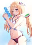  1girl aki_rosenthal bangs bare_arms bare_shoulders bikini blonde_hair blue_eyes blush bob_cut breasts collarbone commentary cowboy_shot detached_hair eyebrows_visible_through_hair gradient gradient_background grey_background grin gun handgun headgear highres holding hololive long_hair looking_at_viewer navel one_eye_closed pistol sig_sauer sig_sauer_p320 signature simple_background skyrail smile solo swimsuit twintails virtual_youtuber water_gun weapon 