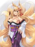  1girl absurdres animal_ear_fluff animal_ears bangs bare_shoulders blonde_hair breasts chest_tattoo commentary english_commentary eyeliner folding_fan fox_ears fox_tail green_eyes hair_ornament hand_fan highres holding holding_fan huge_filesize japanese_clothes kitsune kuron_hakaisha large_breasts long_hair looking_at_viewer makeup mon-musu_quest! monster_girl multiple_tails simple_background slit_pupils smile solo spoilers standing tail tamamo_(mon-musu_quest!) tattoo tongue tongue_out wide_sleeves 