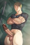  1boy aqua_eyes bar_censor bara black_shirt blonde_hair blush censored crossed_arms erection haiki_(tegusu) highres jewelry large_pectorals large_penis looking_at_viewer male_focus male_pubic_hair muscular muscular_male naked_shirt necklace original pectorals penis precum pubic_hair shadow shirt short_hair smile solo sweat taut_clothes taut_shirt thick_thighs thighs veins veiny_arms veiny_penis 