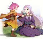  2girls boots cape closed_eyes commentary_request dress fae_(fire_emblem) fire_emblem fire_emblem:_the_binding_blade fire_emblem_heroes flower from_side gonzarez green_eyes heterochromia highres holding holding_flower idunn_(fire_emblem) leg_up long_hair long_sleeves manakete multiple_girls open_mouth pointy_ears pouch purple_dress purple_hair red_eyes short_hair sidelocks sitting 