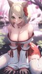  animal_ears miko no_bra open_shirt suraimu_(suraimuraimu) thighhighs wet 