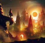  1other absurdres ambiguous_gender bloodborne blurry blurry_foreground city cloud cloudy_sky coat eclipse from_side hat highres holding holding_weapon house hunter_(bloodborne) kalmahul mountain saw_cleaver scarf sky solar_eclipse solo standing sunlight tricorne weapon 