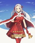  1girl alternate_costume bell breasts christmas cleavage commentary_request dress edelgard_von_hresvelg fire_emblem fire_emblem:_three_houses fire_emblem_heroes gloves highres holding holding_bell large_breasts long_hair looking_at_viewer nanao_parakeet purple_eyes solo star_(symbol) thighhighs white_hair 
