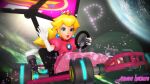  1girl 3d aircraft artist_name blonde_hair commentary crown dress earrings elbow_gloves english_commentary glider gloves go_kart highres jewelry long_hair looking_at_viewer mario_(series) mario_kart mikumikudance parted_lips pink_dress princess_peach puffy_short_sleeves puffy_sleeves short_sleeves smile solo space waving white_gloves 