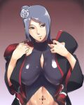  1girl akatsuki_uniform black_dress blue_hair breasts cleavage closed_mouth clothing_cutout coat dress eyeshadow flower hair_flower hair_ornament konan_(naruto) labret_piercing large_breasts looking_to_the_side makeup midriff naruto_(series) naruto_shippuuden navel_cutout navel_piercing open_clothes open_coat orange_eyes piercing short_hair skin_tight smile solo soyaka undressing upper_body zipper_pull_tab 