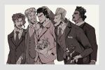  5boys arm_over_shoulder beard black_hair boston_terrier bouquet dog earrings facial_hair flower gloves handkerchief highres iggy_(jojo) jean_pierre_polnareff jewelry jojo_no_kimyou_na_bouken joseph_joestar joseph_joestar_(old) kakyoin_noriaki kujo_jotaro male_focus mohammed_avdol multiple_boys necktie silver_hair smile stardust_crusaders vest 