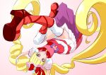  1girl absurdly_long_hair aisaki_emiru arms_up bangs blonde_hair blunt_bangs boots bow cure_macherie eyelashes floating_hair frilled_boots frills fuchi_(nightmare) gloves gradient gradient_background hair_bow high_heel_boots high_heels hugtto!_precure knee_boots layered_skirt long_hair looking_at_viewer miniskirt open_mouth pink_background precure red_bow red_eyes red_footwear short_sleeves skirt solo thighhighs very_long_hair white_background white_gloves white_legwear white_sleeves zettai_ryouiki 
