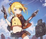  1girl bangs blonde_hair blue_eyes breasts bullet_hole commentary_request dual_wielding eyepatch fingerless_gloves girls&#039;_frontline gloves gun hair_between_eyes holding holding_gun holding_weapon jacket long_hair midriff navel outdoors skorpion_(girls&#039;_frontline) skorpion_vz._61 sky small_breasts smile solo submachine_gun suginakara_(user_ehfp8355) target target_practice twintails weapon 