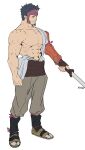  1boy abs absurdres alterab bara bare_pectorals black_hair character_request facial_hair forehead_protector full_body goatee hadanugi_dousa highres holding holding_sword holding_weapon koutetsujou_no_kabaneri large_pectorals male_focus mature_male muscular muscular_male nipples pectorals short_hair single_bare_shoulder solo stomach sword unfinished weapon white_background 