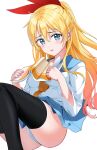  1girl ass bangs black_legwear blonde_hair blue_eyes blue_skirt blush book breasts clothes_lift collared_shirt eyebrows_visible_through_hair hair_between_eyes hair_ribbon highres kirisaki_chitoge long_hair long_sleeves looking_at_viewer miniskirt nisekoi nonbire open_book open_mouth panties pleated_skirt ponytail red_ribbon ribbon shirt simple_background skirt skirt_lift solo thighhighs underwear white_background white_shirt 