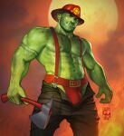  1boy abs absurdres arm_tattoo axe bara beard black_pants bulge celeryman chest_hair colored_skin dirty dirty_face facial_hair fangs fire firefighter from_below full_moon green_skin hardhat helmet highres holding holding_axe jockstrap large_pectorals looking_at_viewer male_focus male_underwear mature_male monster_boy moon muscular muscular_male navel navel_hair nipples open_pants orc original pants pectorals red_male_underwear shirtless short_hair solo stomach stubble suspenders tattoo underwear veins 