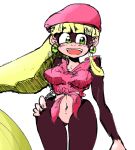  1girl :d bangs blonde_hair blunt_bangs breasts dixie_kong donkey_kong_(series) donkey_kong_country donkey_kong_country_2 earrings green_eyes hand_on_hip hat jewelry long_hair monkey navel open_mouth pink_headwear pink_shirt ponytail shirt simple_background smile solo standing tied_shirt upper_teeth very_long_hair white_background 