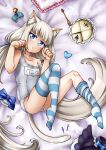  1girl animal_ears aqua_eyes bangs bed_sheet blunt_bangs bow cake cat_ears cat_girl cat_tail commentary_request eyebrows_visible_through_hair food hair_bow hair_ribbon horizontal_stripes long_hair looking_at_viewer low_twintails lying name_tag nekopara old_school_swimsuit parted_lips paw_pose pillow ribbon school_swimsuit sidelocks solo stalkingp striped striped_legwear swimsuit tail thighhighs translated twintails vanilla_(nekopara) white_hair white_swimsuit 