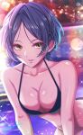  1girl arched_back bangs bare_arms bare_shoulders bikini black_bikini blue_hair blurry blurry_background breasts cleavage collarbone ear_piercing halterneck hayami_kanade highres idolmaster idolmaster_cinderella_girls koya_(koya_x_00) light_blush light_particles looking_at_viewer medium_breasts night outdoors parted_bangs parted_lips piercing short_hair signature smile solo sparkle swimsuit water wet wet_hair yellow_eyes 