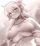  1girl after_paizuri ahoge bangs bikini blush breasts cleavage closed_mouth covered_nipples cum cum_on_body eyebrows_visible_through_hair greyscale hair_between_eyes hhh_(wave) kantai_collection large_breasts long_hair monochrome outdoors sky solo sweat swimsuit underboob upper_body washington_(kancolle) 