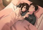  1boy 1girl bangs bed bedroom blanket blush brown_eyes brown_hair buttons closed_mouth collarbone commentary_request couple green_pajamas hand_up head_on_pillow hetero highres hotaru_iori ichimi_renge indoors kyon long_sleeves looking_at_another lying medium_hair on_back on_bed on_side open_mouth pajamas pajamas_pull pillow second-party_source see-through short_hair split_mouth suzumiya_haruhi suzumiya_haruhi_no_yuuutsu under_covers wavy_mouth white_pajamas wooden_floor 