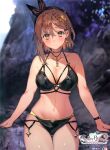  1girl absurdres atelier_(series) atelier_ryza atelier_ryza_2 bikini black_bikini blurry blurry_background braid breasts bright_pupils brown_hair choker cleavage copyright_name cowboy_shot crown_braid depth_of_field hair_ribbon highres large_breasts looking_at_viewer navel outdoors reisalin_stout ribbon scan short_hair solo sunlight swimsuit thigh_gap toridamono wristband yellow_eyes 