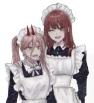  2girls alternate_costume alternate_hairstyle apron bangs buttons chainsaw_man collared_dress crosshair_eyes enmaided frills hair_between_eyes hair_down hand_on_shoulder highres long_hair maid maid_apron maid_headdress makima_(chainsaw_man) medium_hair multiple_girls one_eye_closed open_mouth pink_hair power_(chainsaw_man) red_eyes red_hair ribbon ringed_eyes sharp_teeth sidelocks simple_background smile sweat teeth tied_hair twintails upper_body user_umwm5343 white_background white_ribbon yellow_eyes 