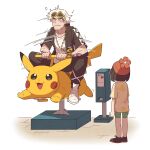  1boy 1girl arm_tattoo beanie black_hair black_jacket black_pants blush closed_mouth commentary eyewear_on_head gen_1_pokemon green_shorts guzma_(pokemon) hat hood hooded_jacket jacket kiddie_ride motion_lines musical_note pants pikachu pokemon pokemon_(game) pokemon_sm red_headwear riding selene_(pokemon) shirt shoes short_shorts short_sleeves shorts sitting smile ssalbulre standing sunglasses t-shirt tattoo themed_object white_footwear white_hair white_shirt yellow-framed_eyewear 