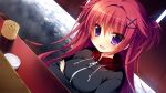  1girl :d bangs black_jacket blush breasts crossed_arms dutch_angle eyebrows_visible_through_hair fang game_cg hair_between_eyes hair_intakes hair_ornament jacket large_breasts long_hair long_sleeves nanaka_mai official_art open_mouth purple_eyes red_hair reppuuji_kanon shiny shiny_hair sitting skin_fang smile solo upper_body x_hair_ornament yuki_koi_melt 